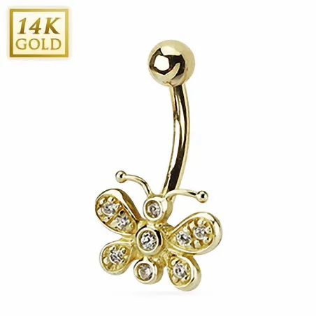 Piercing nombril Or 14 carats papillon strass