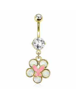 Piercing nombril plaqué or fleur papillon rose