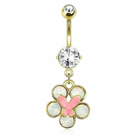 Piercing nombril plaqué or fleur papillon rose