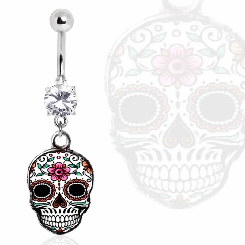 Piercing nombril sugar skull blanc
