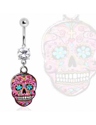 Piercing nombril sugar skull rose