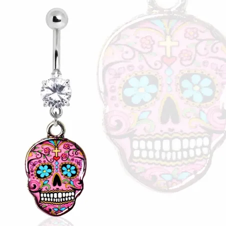 Piercing nombril sugar skull rose