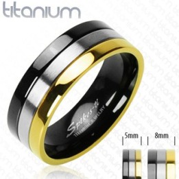 Bague titane solide avec Bandes Onyx et Plaqué Or - Bague homme et femme en titane