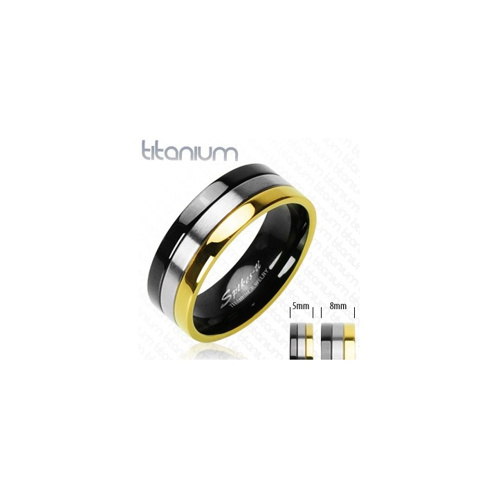 Bague titane solide avec Bandes Onyx et Plaqué Or - Bague homme et femme en titane